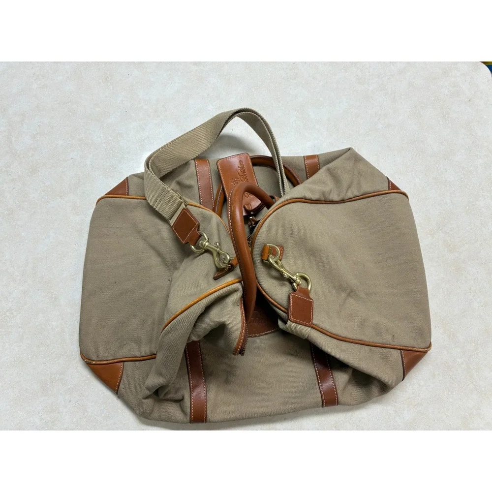 Brooks Brothers Canvas Leather Trim Duffle Bag Tan Brown Travel Weekender 4989